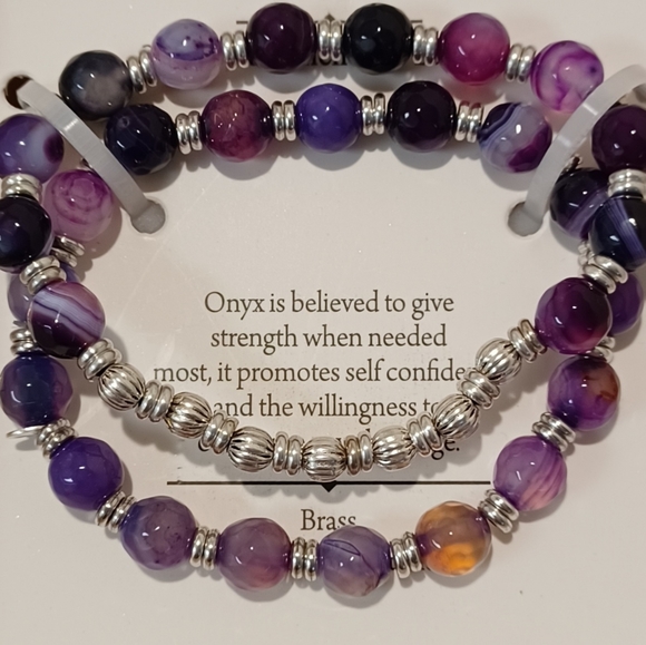 2 PC SHIVAM STERLING SILVER SPACER BEADS & PURPLE ONYX GEMSTONES BEADS STRETCH B - Picture 1 of 8